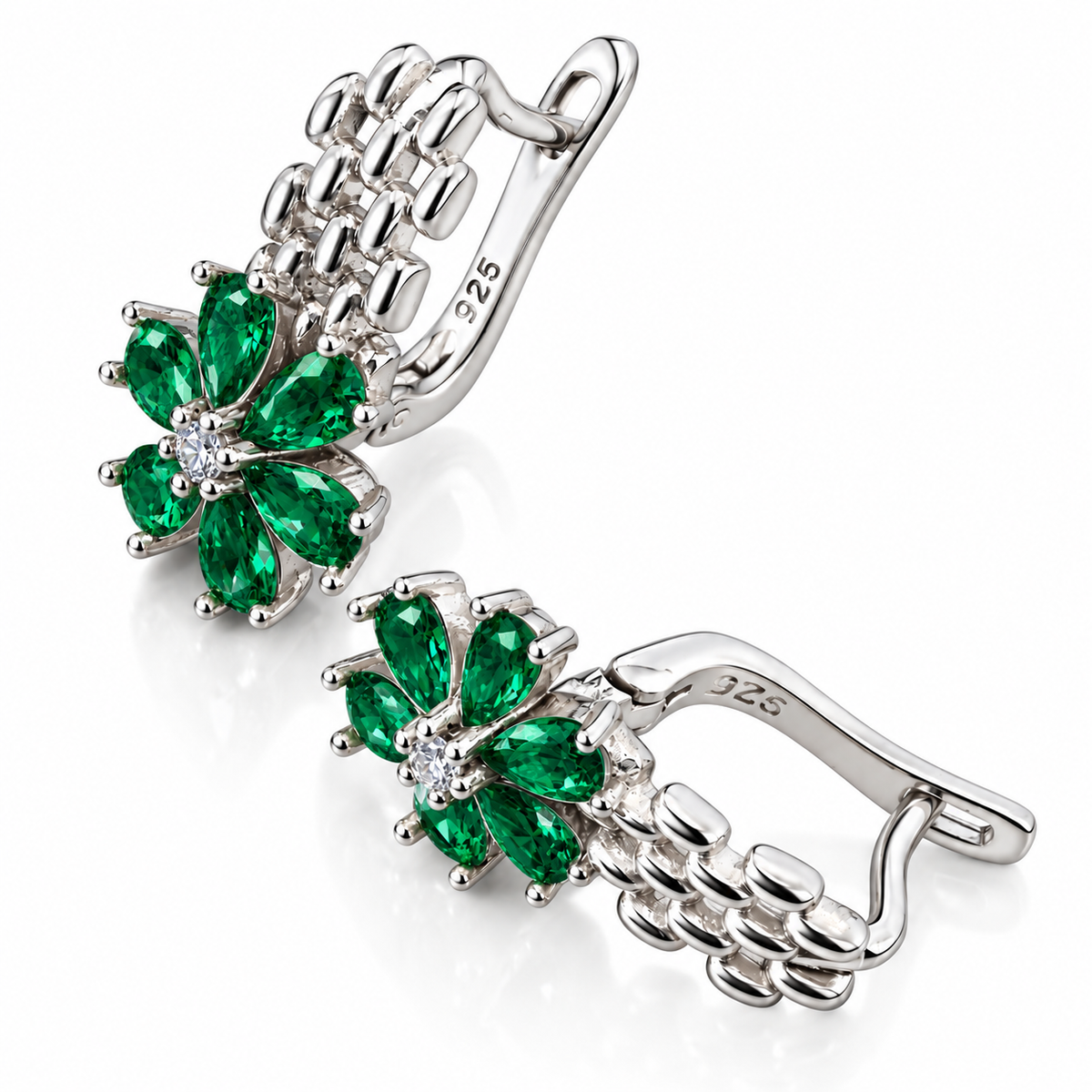 Cercei damă din Argint 925 „Smaraldia” – Flori cu Pietre Verde Smarald, Eleganță Regală. CD498