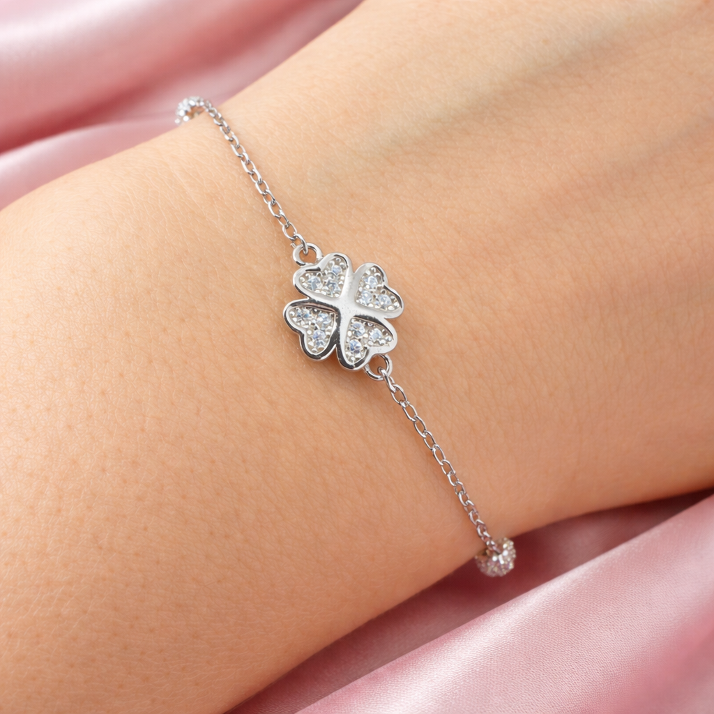 Brățară din Argint 925 Rodiat cu Trifoi Norocos, Lungime Ajustabilă 17+4 cm. BD391