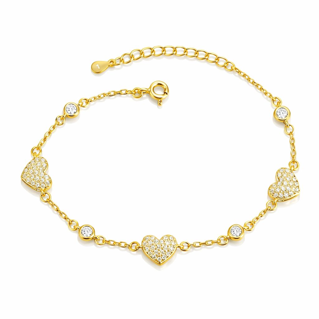 Brățară Argint 925 Aurit cu Inimioare Zirconia – Reglabilă 16+3 cm, Model Elegant Romantic. BD394