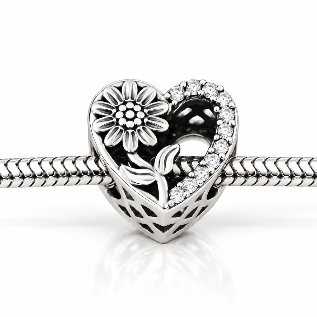 Charm „Inimă de Soare” din argint 925, cu floarea-soarelui și pietre strălucitoare, compatibil Pandora. T243
