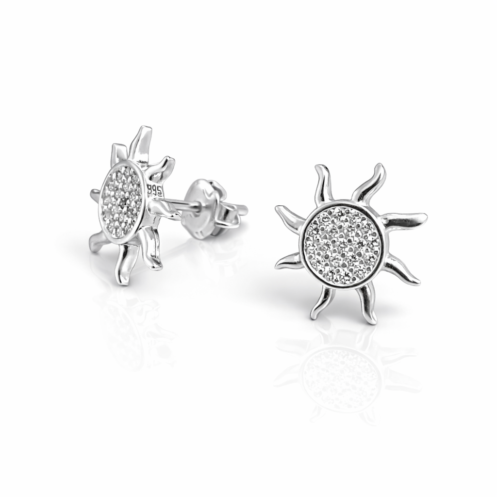 Cercei din Argint 925 în Formă de Soare cu Pietre Strălucitoare – 14 mm, Închidere Tip Șurub, Eleganță Modernă. CD543