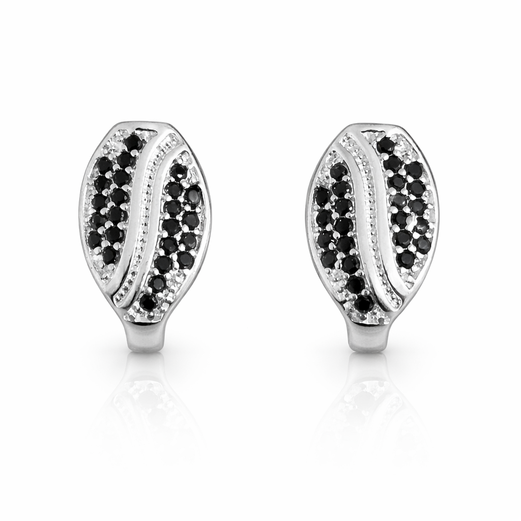 Cercei din Argint 925 cu Zirconii Negre – Model Elegant Tip Frunză 14x8 mm | Cercei Argint Dama Moderni, Cadou Premium. CD534