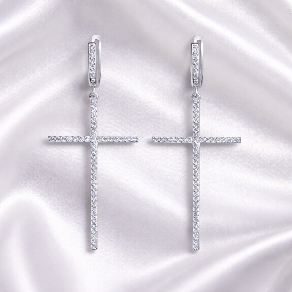 Cercei Lungi Cruce din Argint 925 cu Zirconii – 5.5 cm | Eleganță Divină și Strălucire Premium. CD571