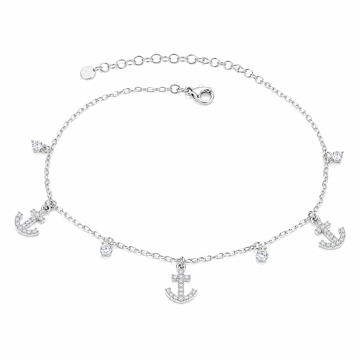 Brățară de Gleznă Argint 925 Rodiat „Ancora Speranței” – Talisman Marin cu Ancore și Zirconii. BG16