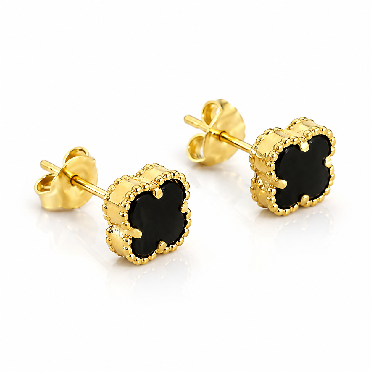 Cercei din Argint 925 Placați cu Aur 14K, Tip Van Cleef, Trifoi Negru – Eleganță Clasică și Noroc în Fiecare Detaliu. CD286