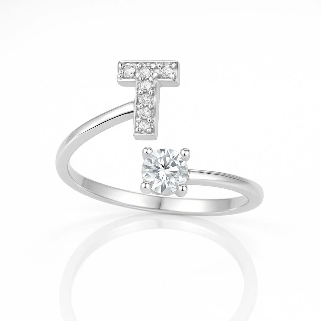 Inel reglabil din argint cu inițială – bijuterie elegantă personalizată din argint 925, mărime universală, cutie cadou inclusă. ID10