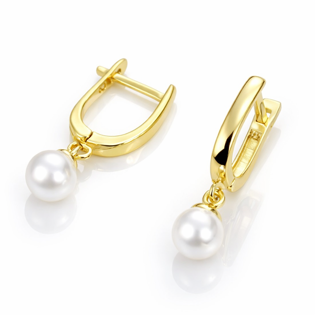 Cercei din Argint 925 Aurit cu Perlă Albă 6 mm – Cercei Eleganți Lungime 23 mm. CD546