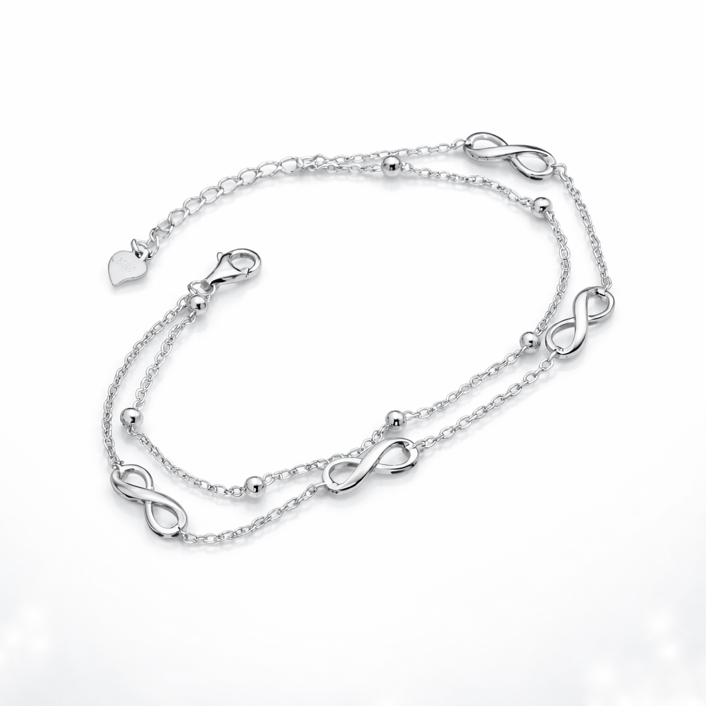 Brățară Damă Argint 925 Rodiat cu Simbol Infinit, Dublu Lanț, Lungime Ajustabilă 18+3 cm – Eleganță Modernă. BD429