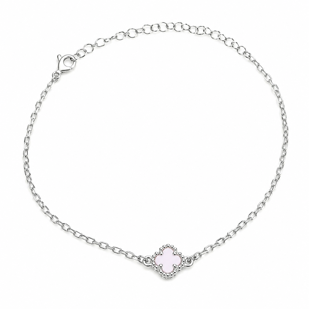 Brățară din Argint 925 Rodiat cu Sidef Roz, Model Trifoi Elegant, Inspirată de Stilul Van Cleef, Ajustabilă 16+5 cm. BD348