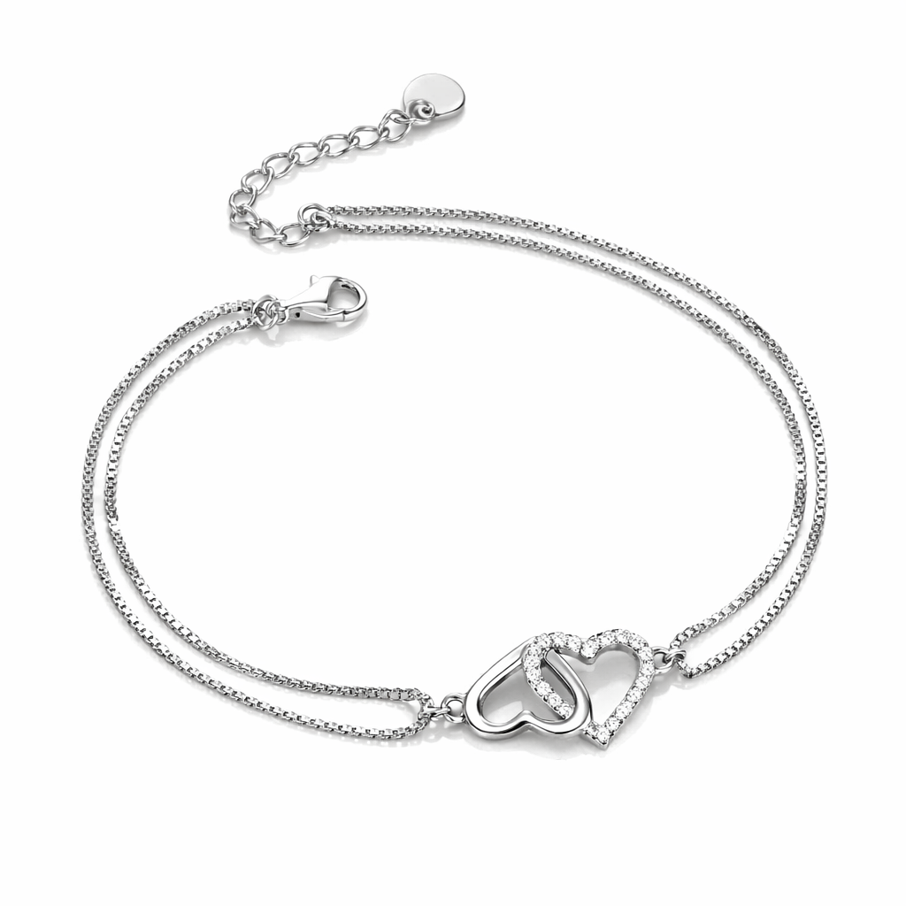Brățară din Argint 925 Rodiat cu Inimioare Împletite, Lanț Dublu, Lungime Ajustabilă 17+3 cm. BD392