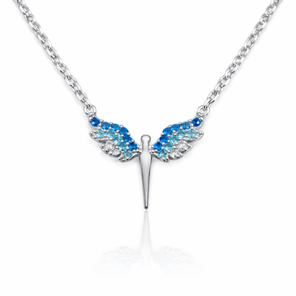 Colier Înger cu Aripi din Argint 925 Rodiat, Cristale Albastre, Lungime Ajustabilă 40+5 cm. C224