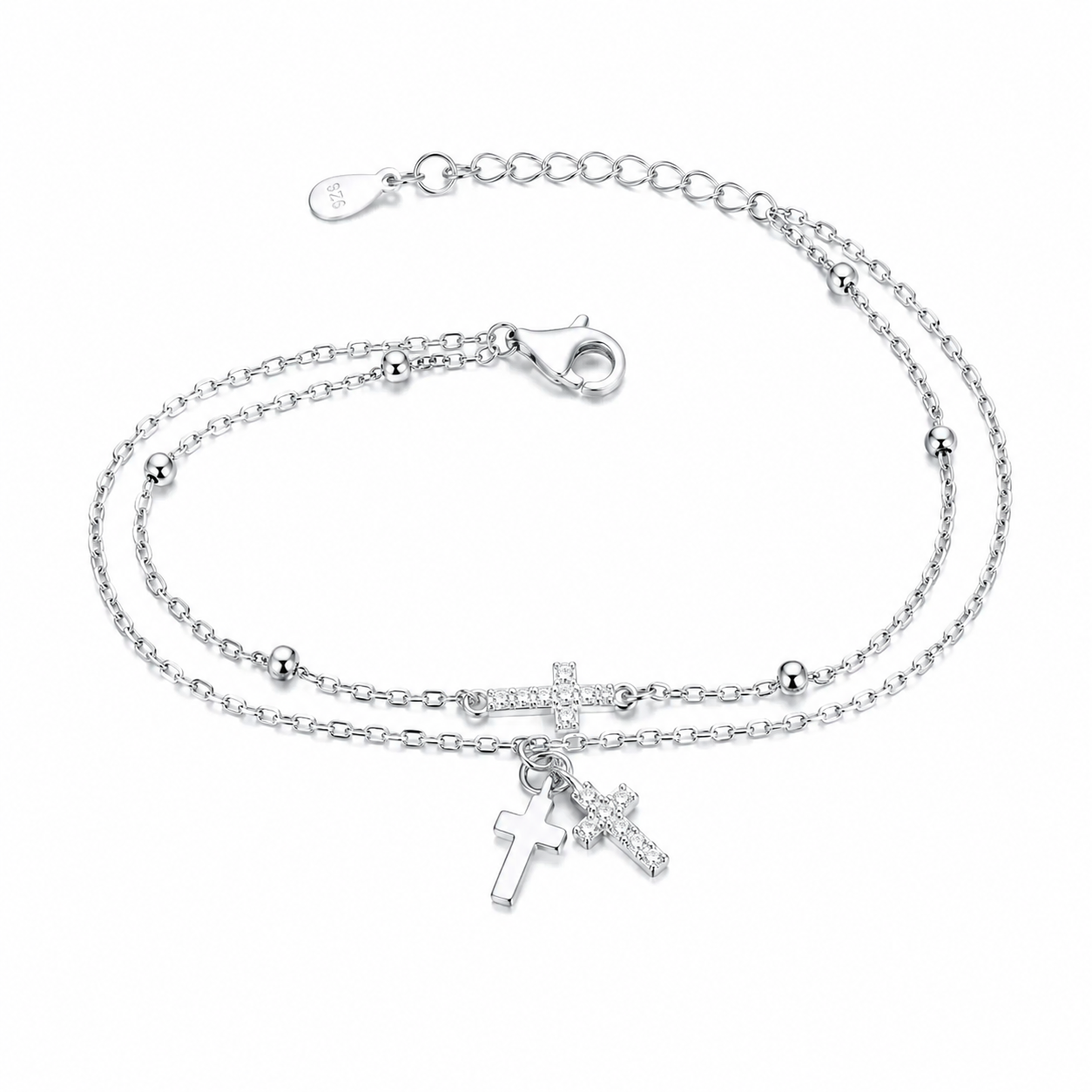 Brățară Dublă din Argint 925 cu Cruciuțe și Zirconii – Brățară Elegantă Reglabilă pentru Femei, 17+3 cm. BD431