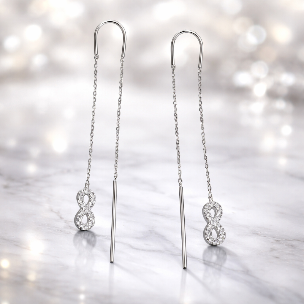 Cercei Lungi Tip Threader din Argint 925 cu Simbol Infinit și Zirconii – Eleganță Minimalistă Premium, 7.5 cm, Infinity Earrings Romania. CD567
