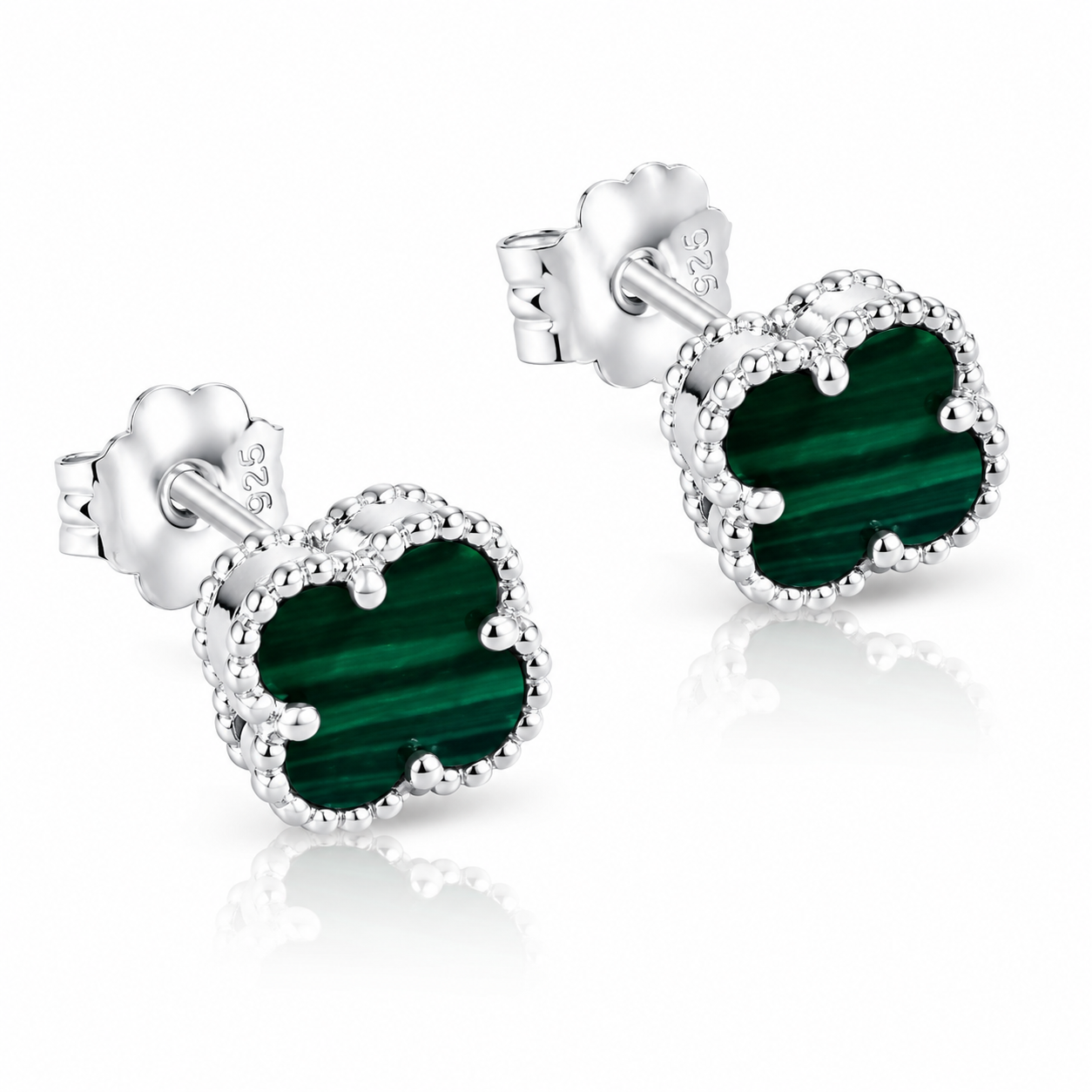 Cercei din Argint 925 cu Malachit Verde Tip Van Cleef 7x7 mm – Închidere cu Șurub. CD378
