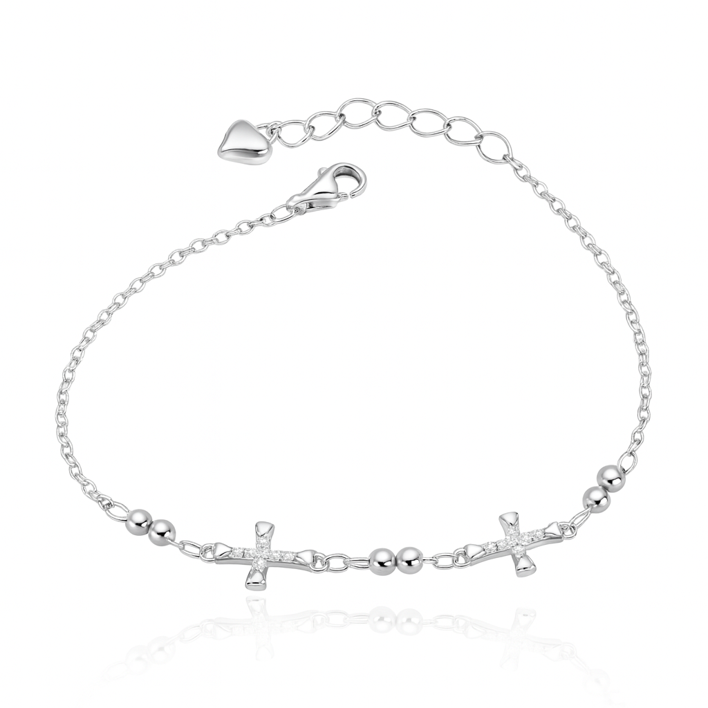 Brățară elegantă din argint 925 rodiat cu cruci pavate cu zirconii și biluțe metalice lucioase, fundal alb lucios, bijuterie feminină simbol al credinței și protecției.