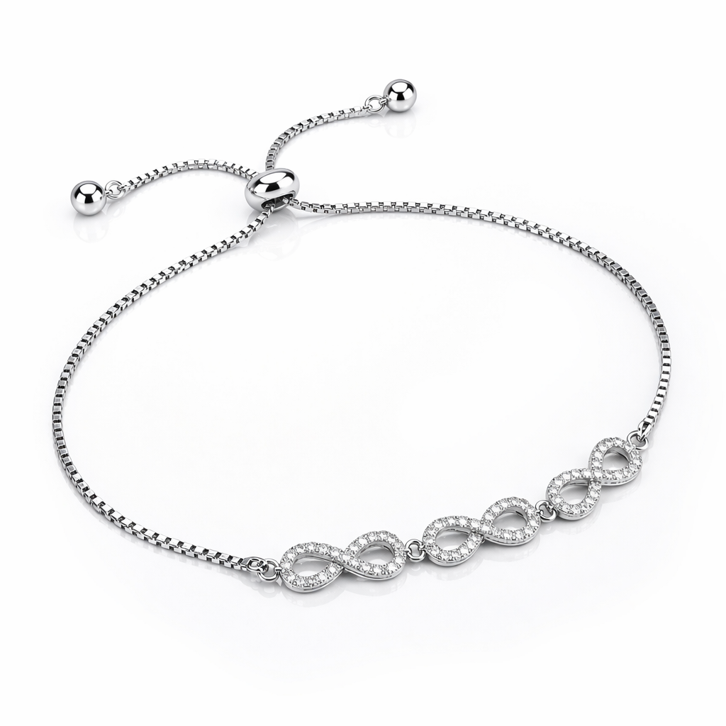 Brățară Argint 925 Rodiat cu Simboluri Infinit și Cristale – Reglabilă, Elegantă. BD389