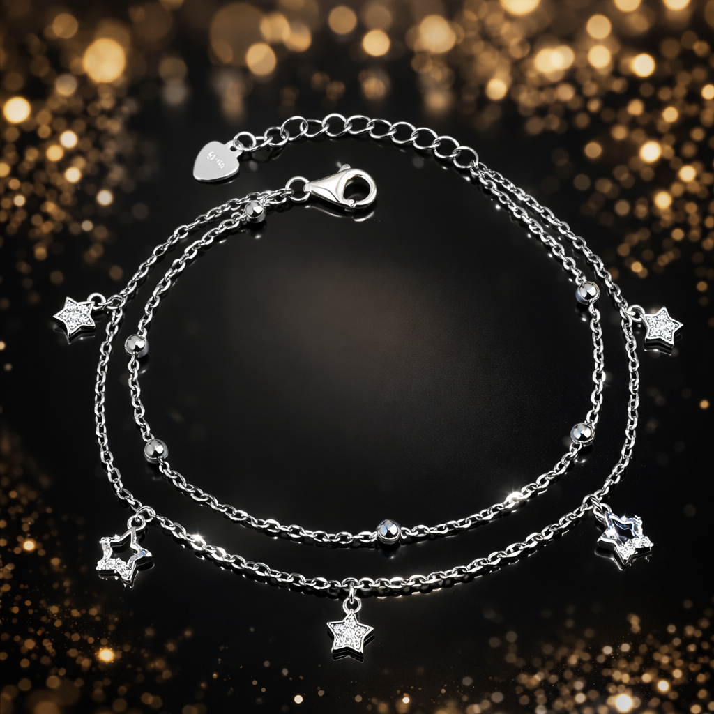 Brățară Argint 925 Rodiat cu Stele și Biluțe – 2 Fire, Lungime Ajustabilă 17+3 cm, Design Delicat și Strălucitor. BD415