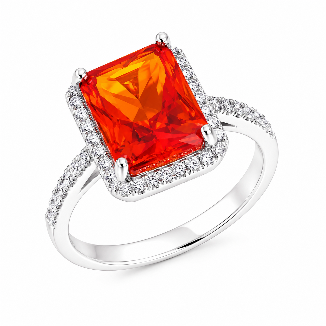 Inel din Argint 925 „Flacăra Regală” cu Zirconiu Roșu Rectangular 10x8 mm și Halo cu Zirconii – Eleganță Distinsă. ID537