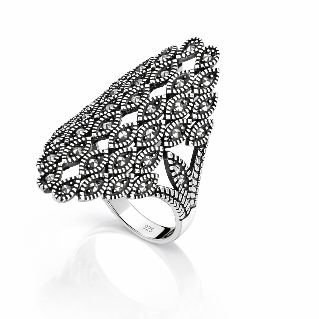Inel Argint 925 Masiv Vintage cu Marcasite – Model Filigranat Elegant, Dimensiune 4.7x2.3 cm, 6.55g – Bijuterie Statement pentru Femei | InfinityBijoux România. ID321