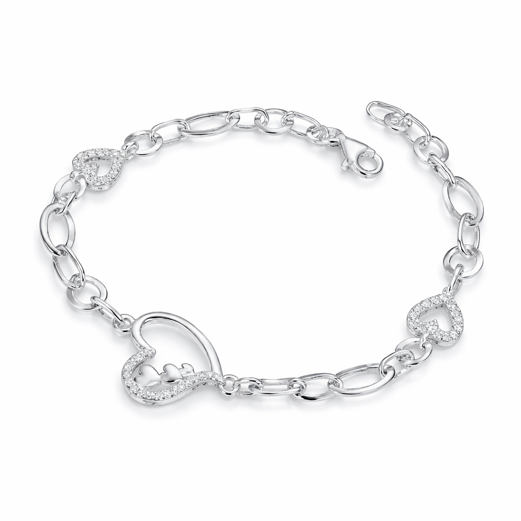 Brățară din Argint 925 „Inima Eternă” – Lanț Elegant cu Inimi Pavé, 19 cm. BD383