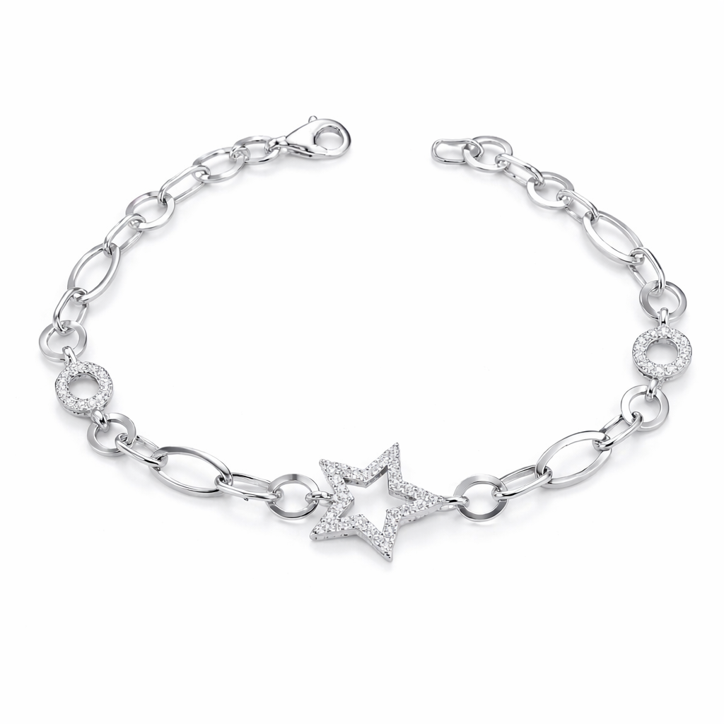 Bratara din Argint 925 cu Stea 1.5 cm si Zirconii – Lant Modern 18 cm, 4.55 g. BD384