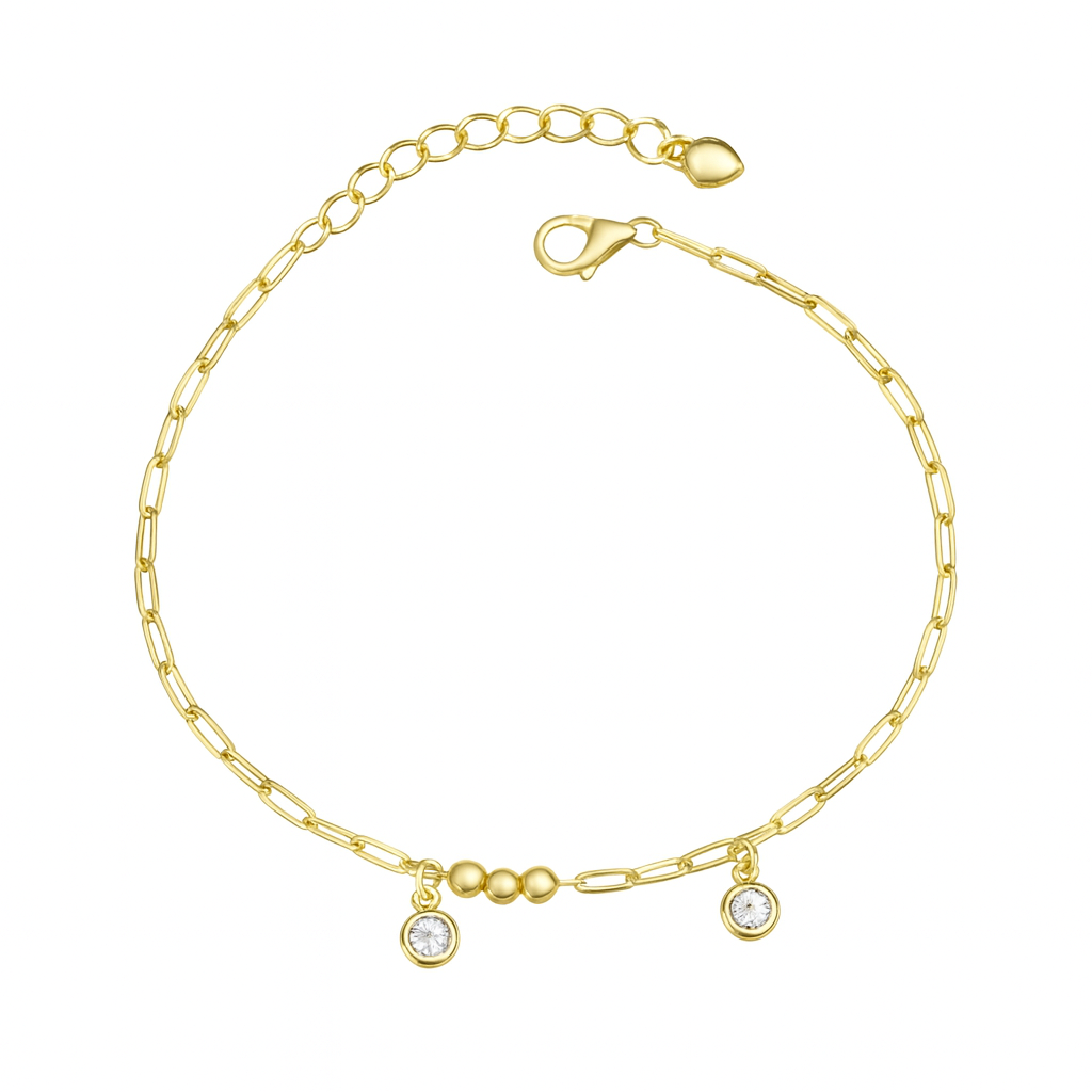 Brățară elegantă din argint 925 placată cu aur de 14K, cu cristale strălucitoare, lungime ajustabilă 17+4 cm, prezentată pe fundal alb lucios, fotografie tip e-commerce, livrată cu cutie de bijuterii cadou, verificată și marcată ANPC.