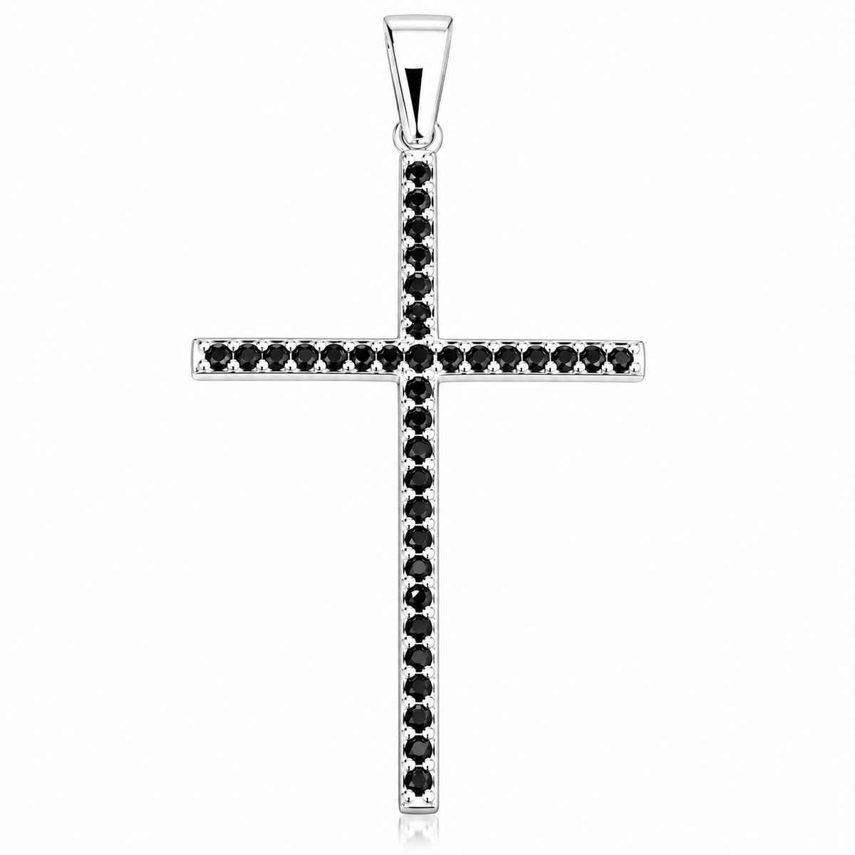 Pandantiv Cruce Elegantă din Argint 925 Rodiat cu Pietre Negre – 45 × 23 mm – Simbol al Credinței și Protecției. P78