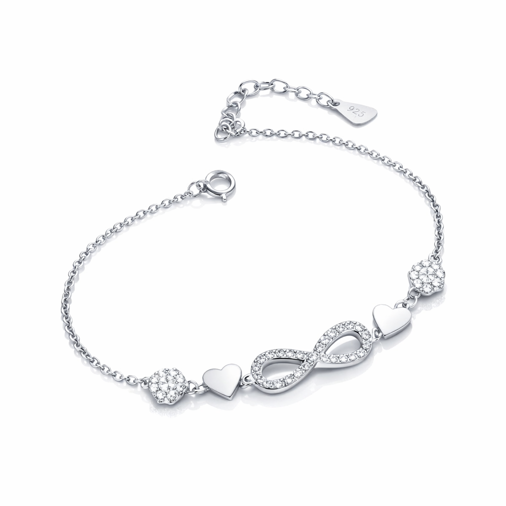 Brățară din Argint 925 Rodiat cu Simbol Infinit și Inimi Pavé, Lungime Ajustabilă 16+3 cm. BD401