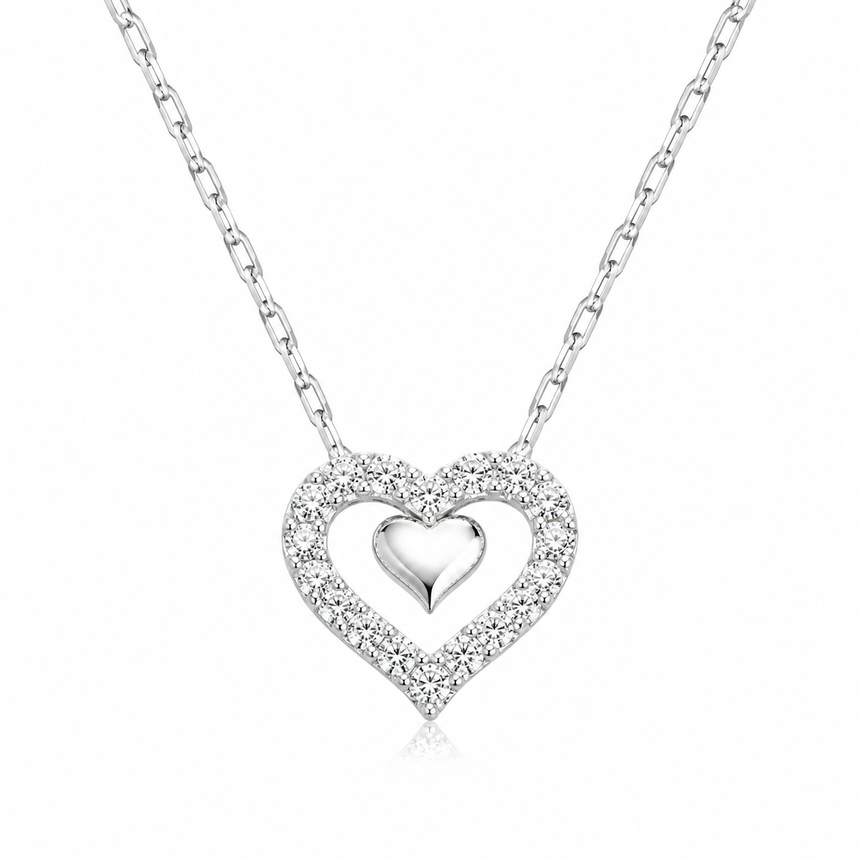 Colier din Argint 925 cu Pandantiv Inimă Dublă și Zirconii – Elegant, Delicat, Reglabil 40+5 cm. C238
