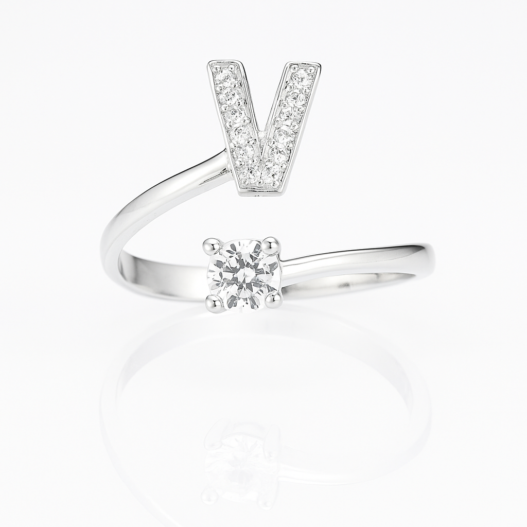 Inel reglabil din argint cu inițială – bijuterie elegantă personalizată din argint 925, mărime universală, cutie cadou inclusă. ID10