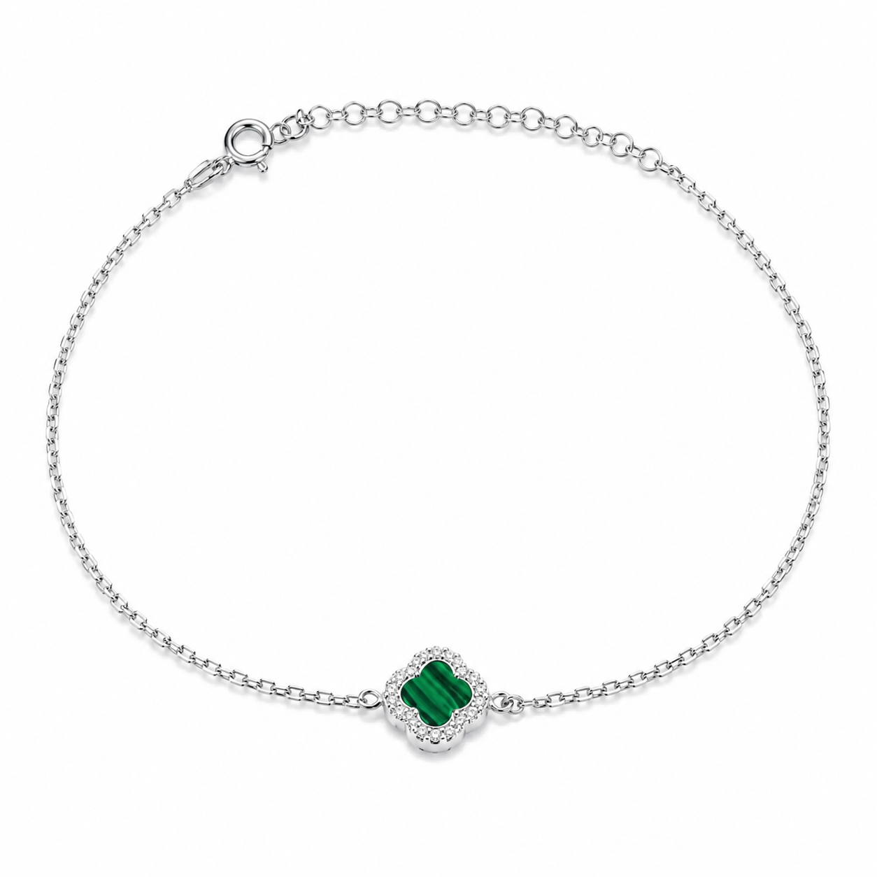 Brățară din Argint 925 Rodiat cu Malachit Verde Natural, Model Clover Luxury Tip Van Cleef, Ajustabilă 18+4 cm. BD320