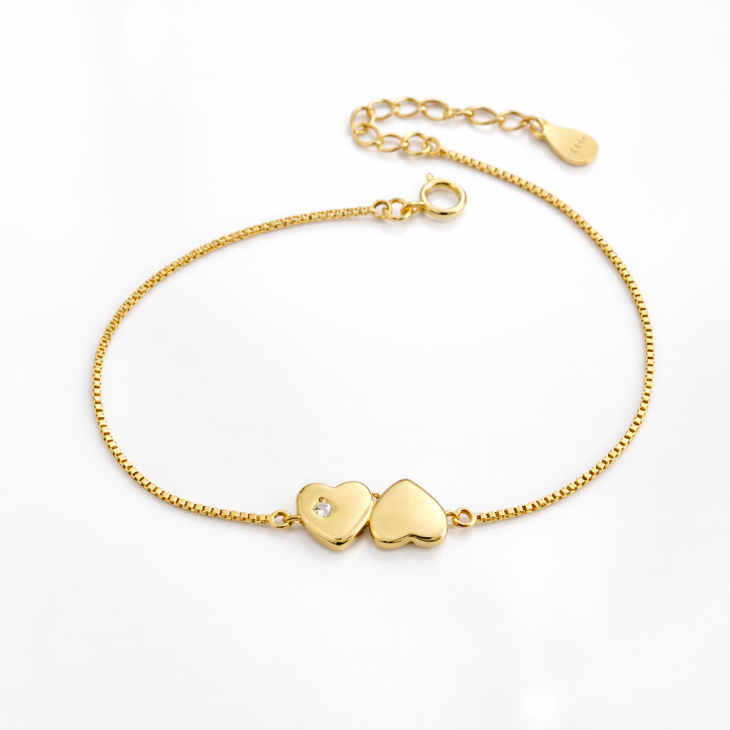 Brățară Argint 925 Placată cu Aur 14K cu Inimi Duble și Cristal – Reglabilă 16+3 cm, Design Elegant și Delicat. BD343