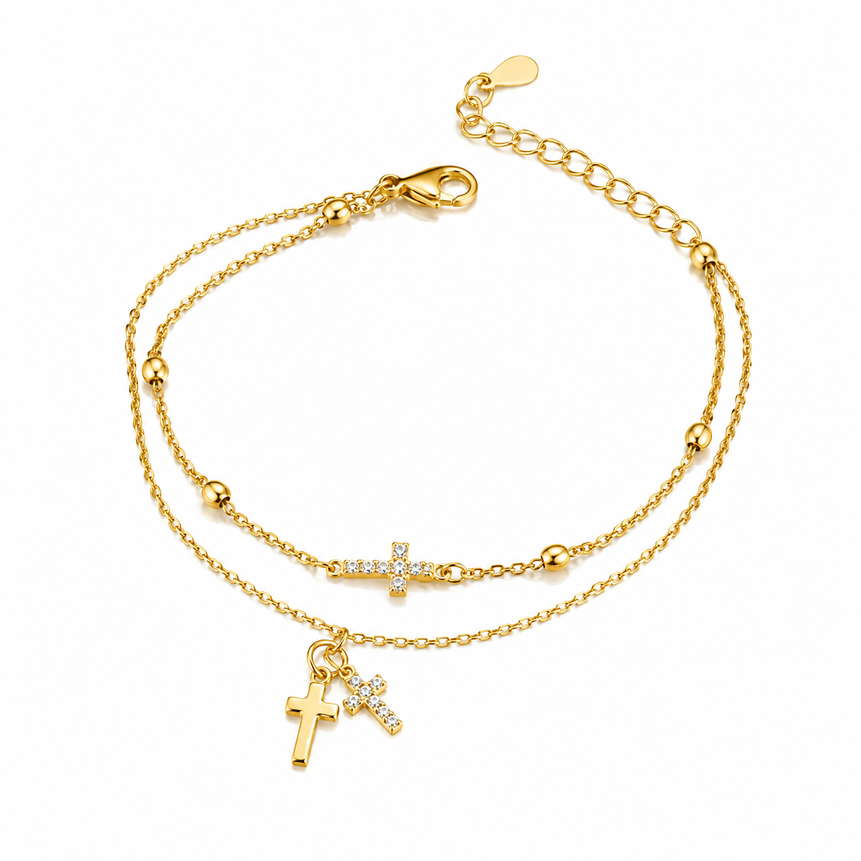 Brățară din Argint 925 Placată cu Aur 14K cu Dublu Lanț și Cruci – Elegantă, Reglabilă 17+3 cm, Zirconii Strălucitoare. BD432