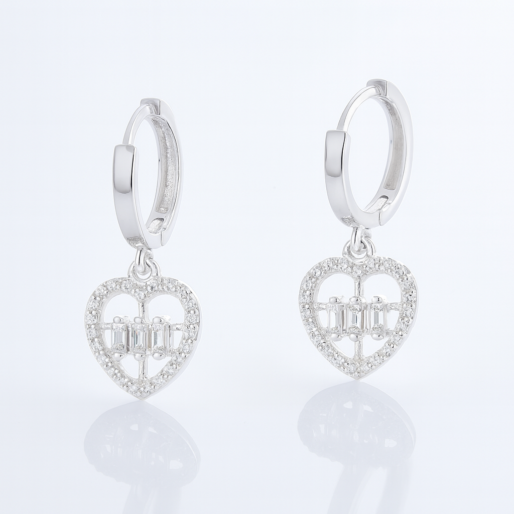 Cercei inimă din argint 925 cu pietre baguette și zirconii strălucitoare, 3.2 grame