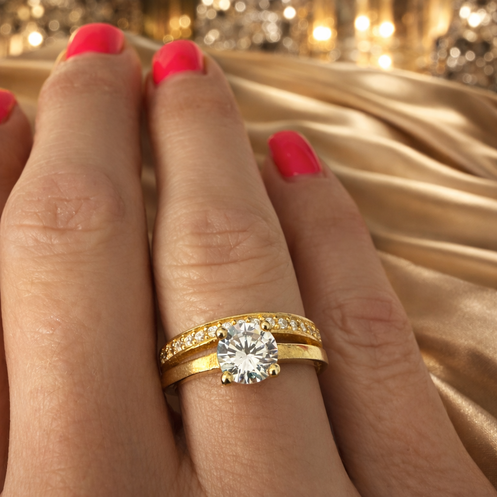 Inel elegant din Argint 925 placat cu aur 14K, cu zirconiu strălucitor – model tip logodnă, design premium, cadou ideal. ID291