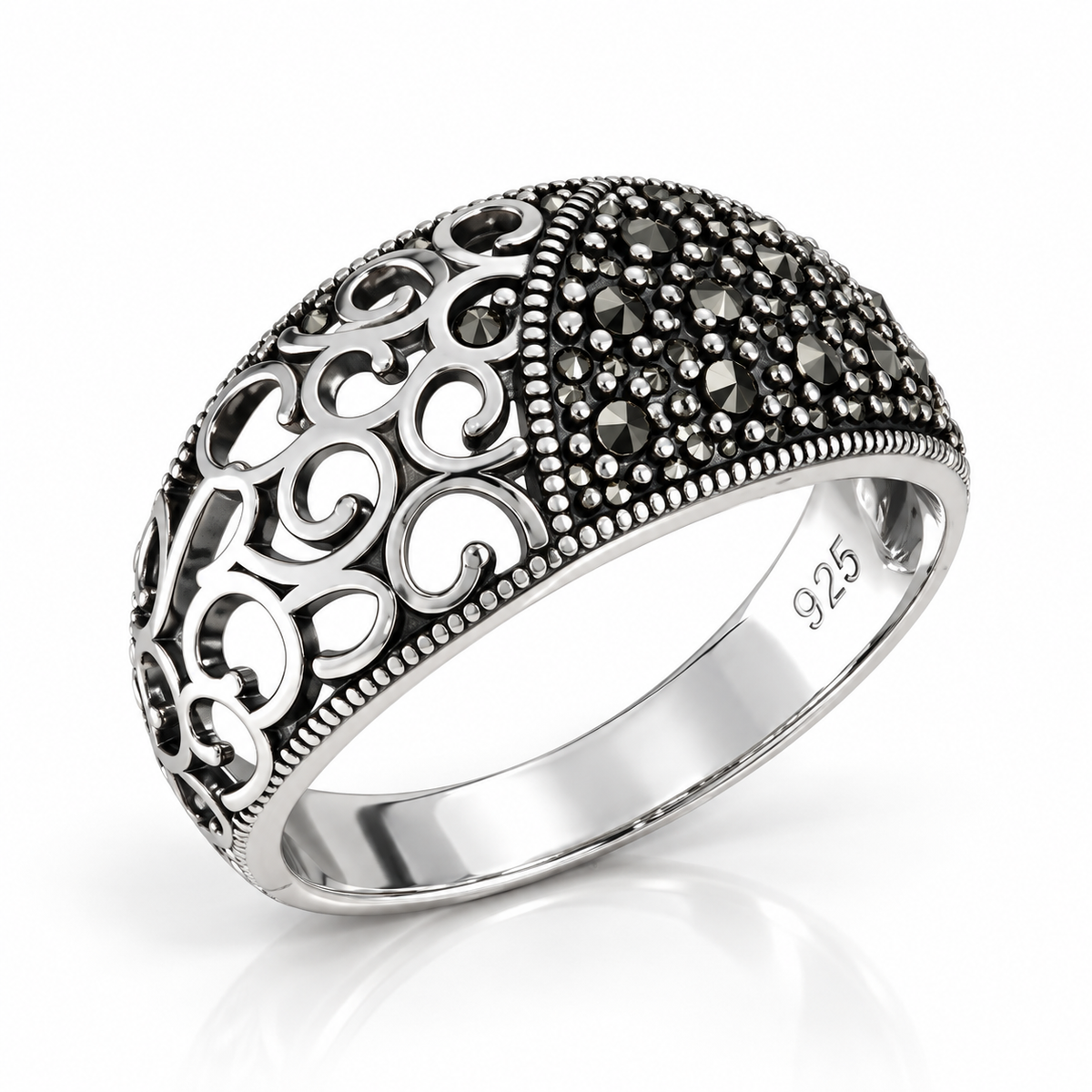 Inel „Éloïse” din argint 925 cu marcasite și arabescuri ajurate – 10 mm. ID578