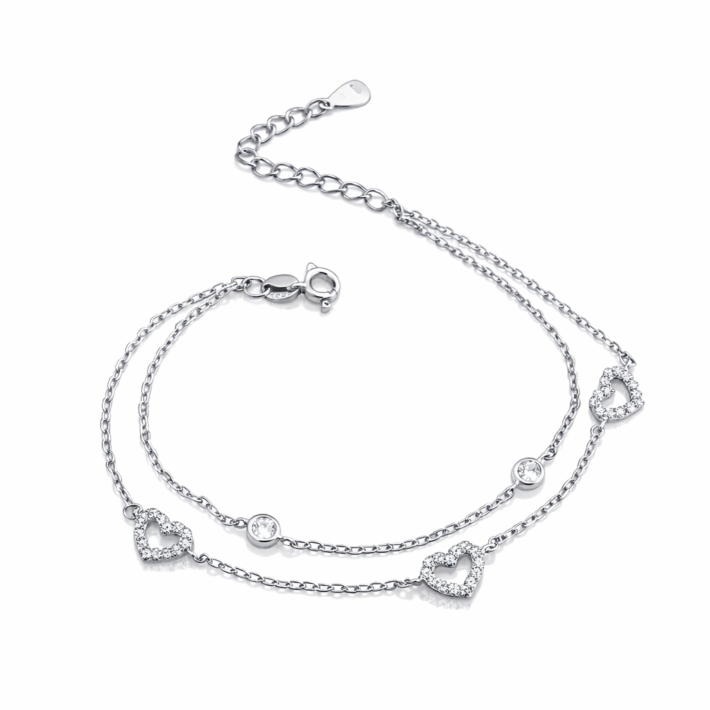 Brățară Argint 925 Rodiat cu Inimioare și Cristale Zirconia, Fir Dublu Elegant, Lungime Reglabilă 17+3 cm. BD397