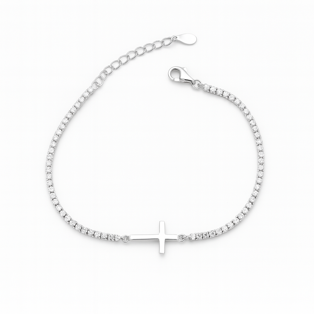 Brățară tenis din argint 925 cu cruce, bijuterie elegantă pentru femei, lungime ajustabilă 16+3 cm, greutate 3.20 grame, pietre strălucitoare zirconiu, ambalaj cadou de lux, verificată și marcată ANPC.