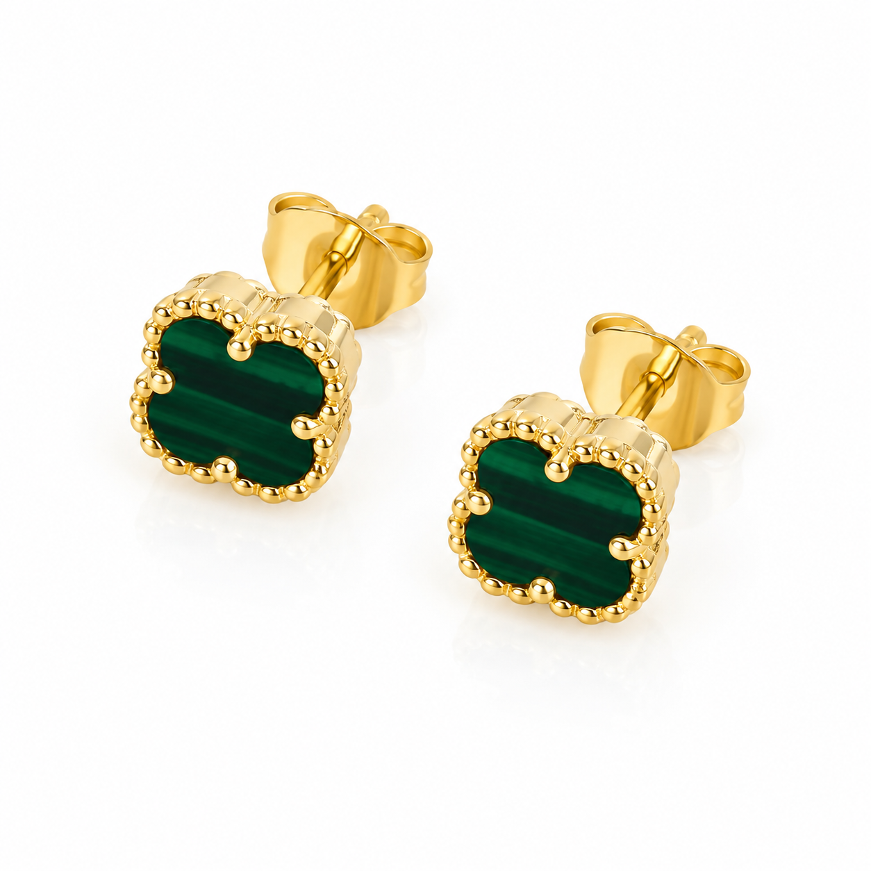 Cercei Delicate Clover din Argint 925 Placat cu Aur 14K și Malachit Verde Natural, Model Tip Van Cleef, 6 mm. C425