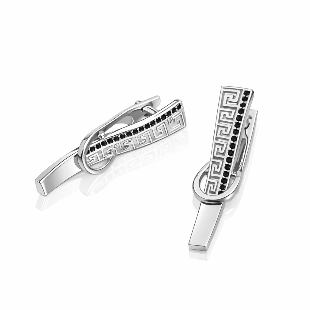 Cercei Argint 925 Rodiat „Helix Noir” – Design Grecesc cu Accente Negre, 3.3 cm. CD561