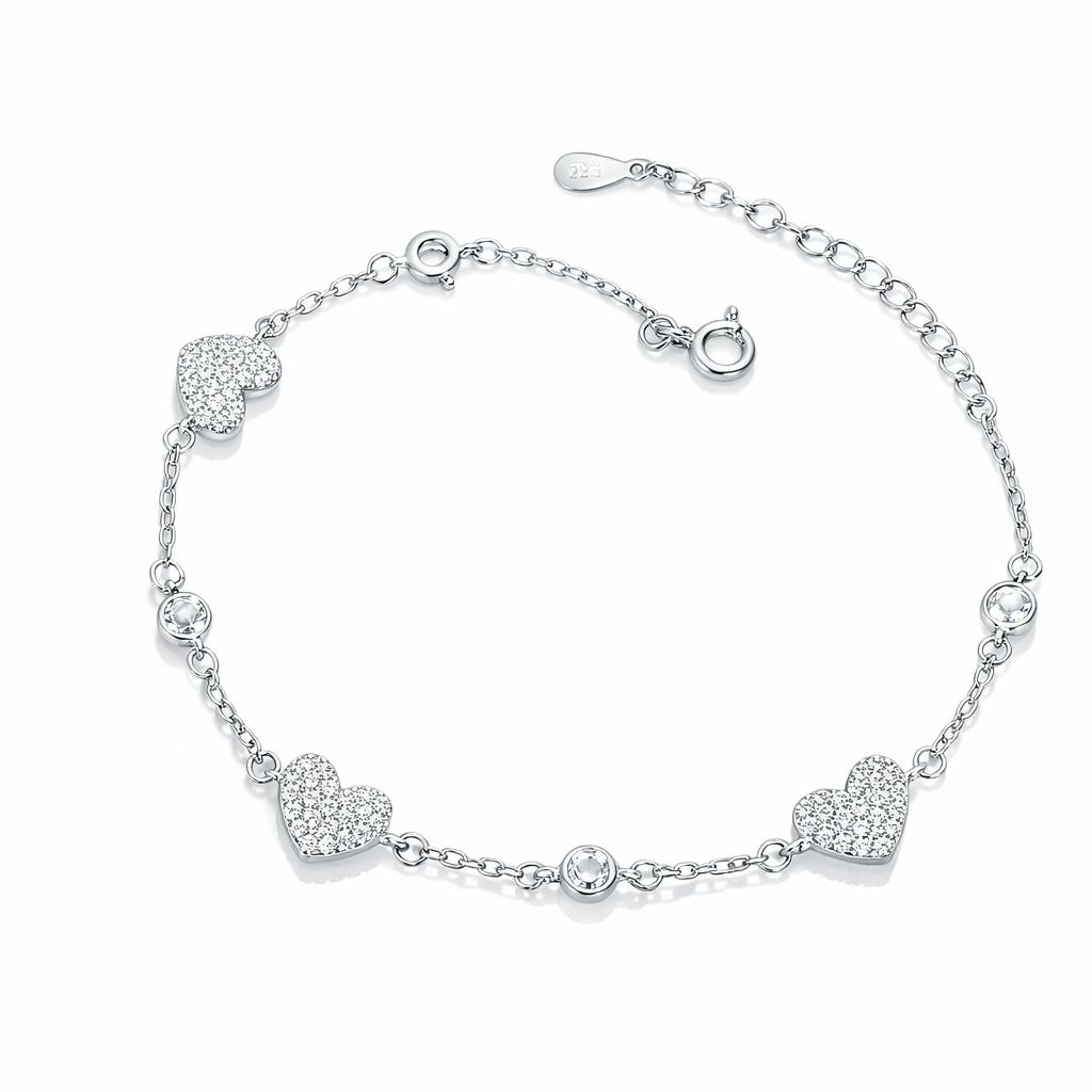 Brățară Argint 925 Rodiat „Trinity Hearts” – Eleganță Strălucitoare cu Inimi Pavé. BD395