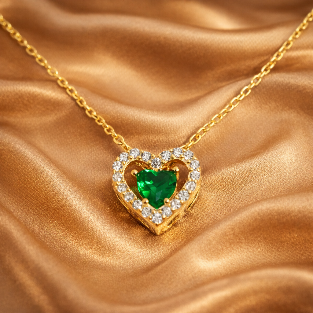 Colier Argint 925 Placat cu Aur 14K cu Pandantiv Inimă Verde 9 mm și Zirconii – Lănțișor Fin Reglabil 40+5 cm. C196