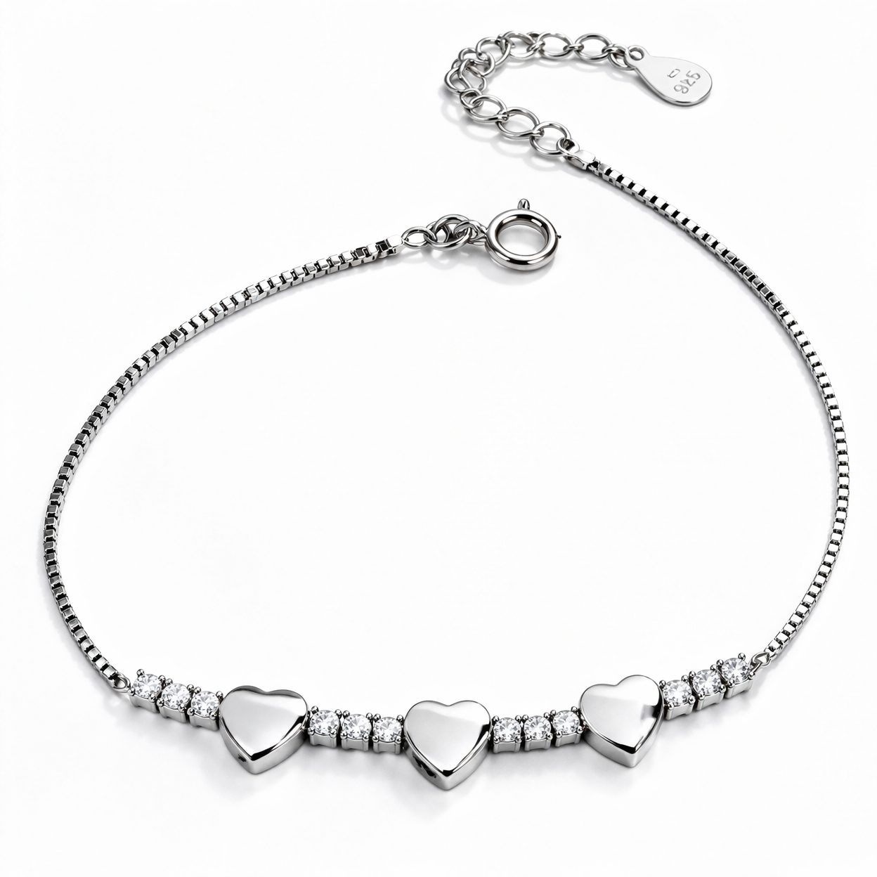 Brățară Argint 925 Rodiat cu Inimi și Zirconii – Elegantă, Reglabilă 16+3.5 cm, Cadou Premium. BD420