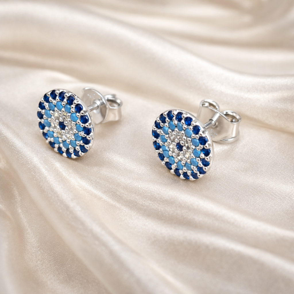 Cercei Argint 925 „Ochi Protector” cu Zirconii Albastre – 10 mm, Design Elegant, Prindere Șurub. CD213