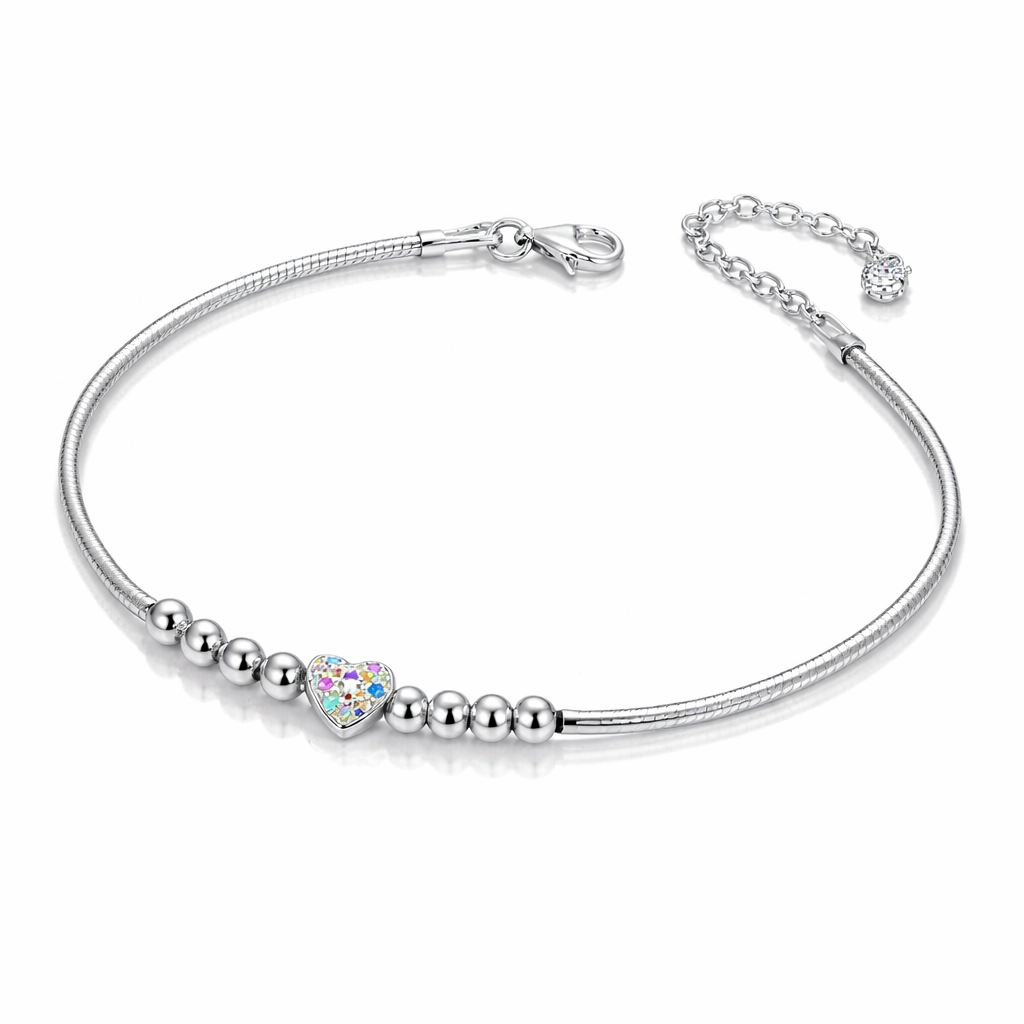 Brățară din Argint 925 cu Charm Inimioară Multicolor, Biluțe 4 mm, Lungime Ajustabilă 18+4 cm. BD411