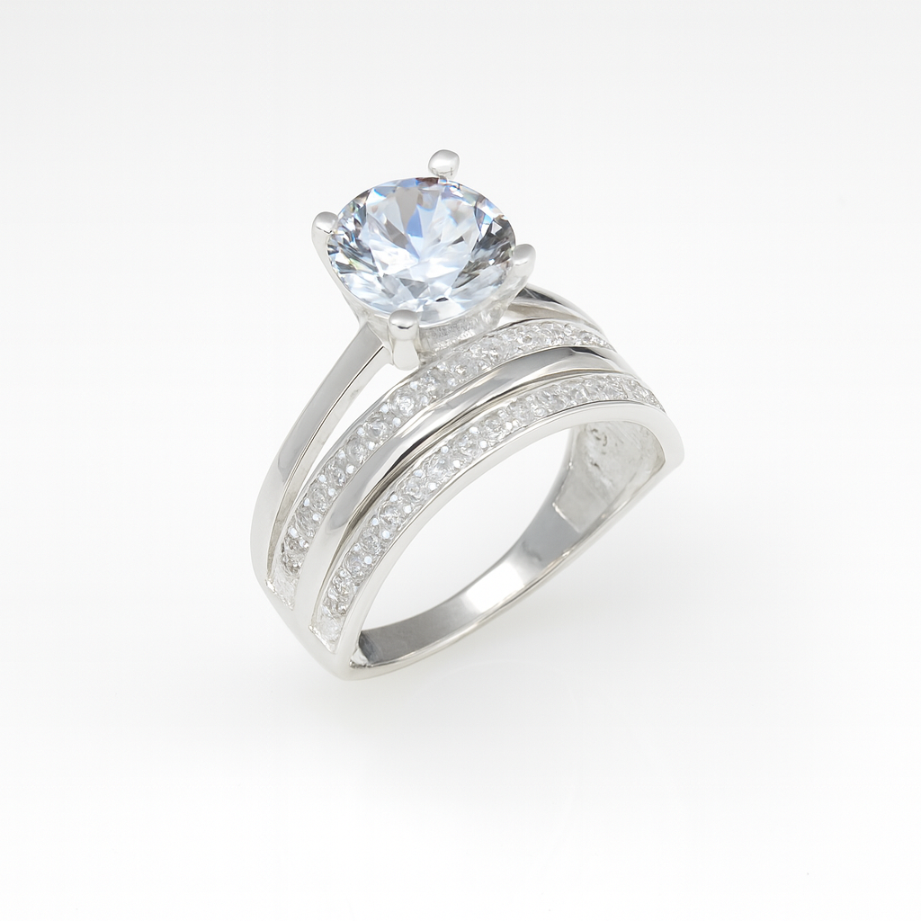 Inel „Eterna Promisiune” din argint 925 cu piatră strălucitoare, finisaj lucios, fundal alb, bijuterie elegantă verificată și marcată ANPC, cutie cadou inclusă, FNDAL ALB LUCIOS