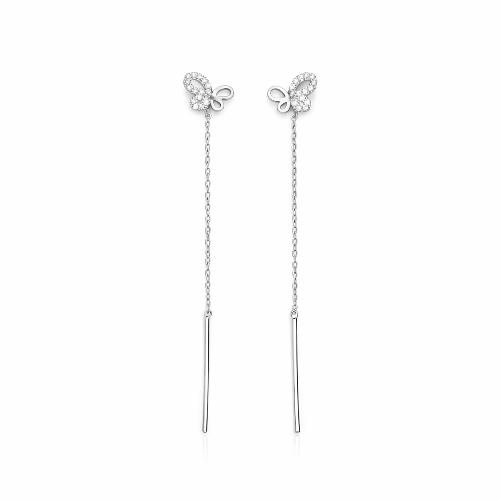 Cercei cu Lanț din Argint 925 Rodiat cu Fluturaș Elegant – Design Modern, Lungime 7 cm. CD560