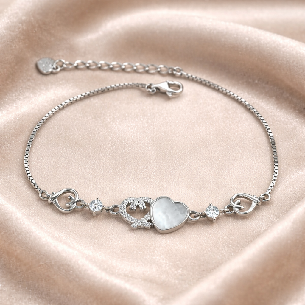 Brățară Argint 925 Rodiat cu Inimă și Zirconii – Model Romantic Elegant, Lungime Ajustabilă 17+3 cm. BD419
