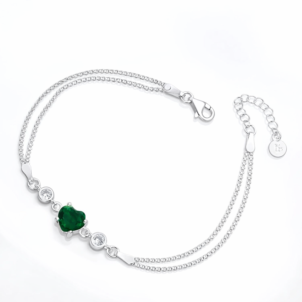 Brățară din Argint 925 cu Inimă Verde 8 mm și Zirconii – Reglabilă 17+3 cm, Model Elegant cu Lanț Dublu. BD412
