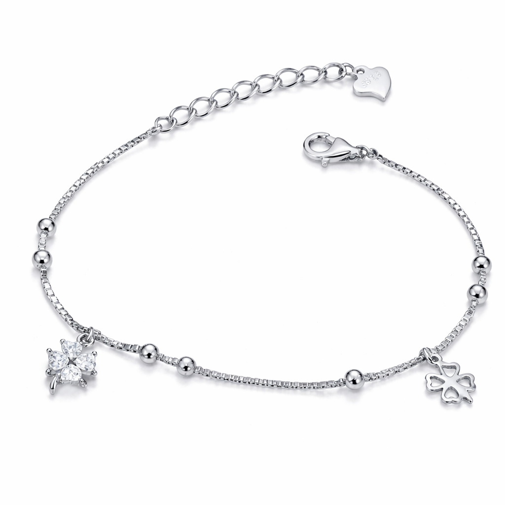 Brățară Argint 925 Rodiat „Lucky Blossom” – Trifoi & Floare cu Zirconii, Ajustabilă 17+3 cm. BD390
